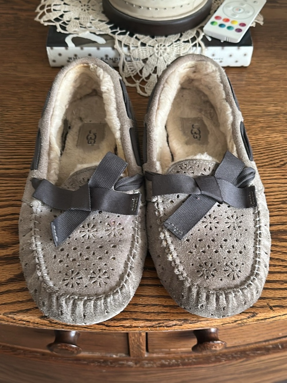 UGG Gray Suede Bow Moccasin Slippers with Shearling